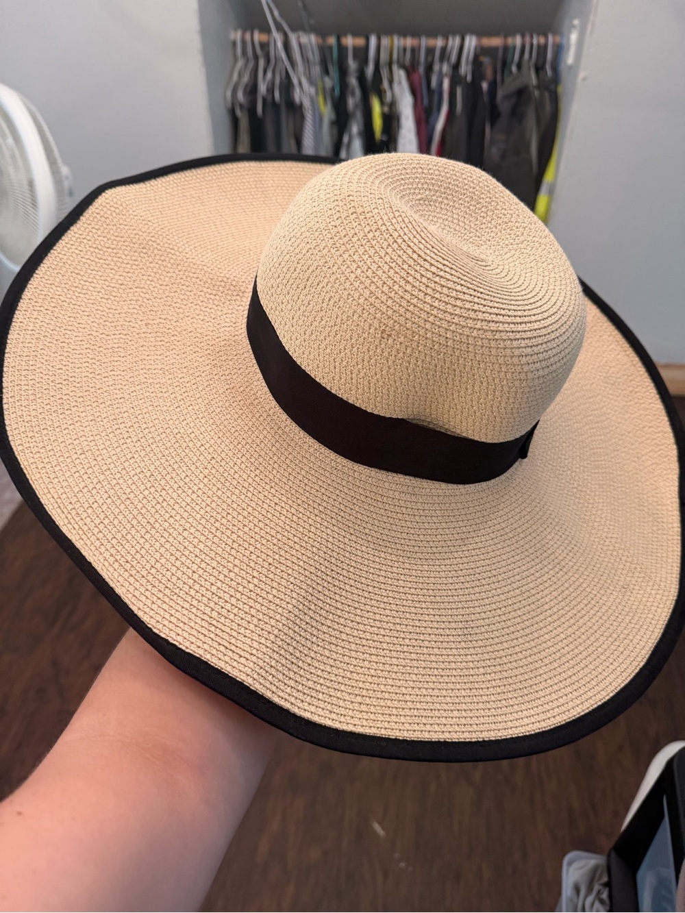 Wide Brim Straw Sun Hat with Black Trim and Band